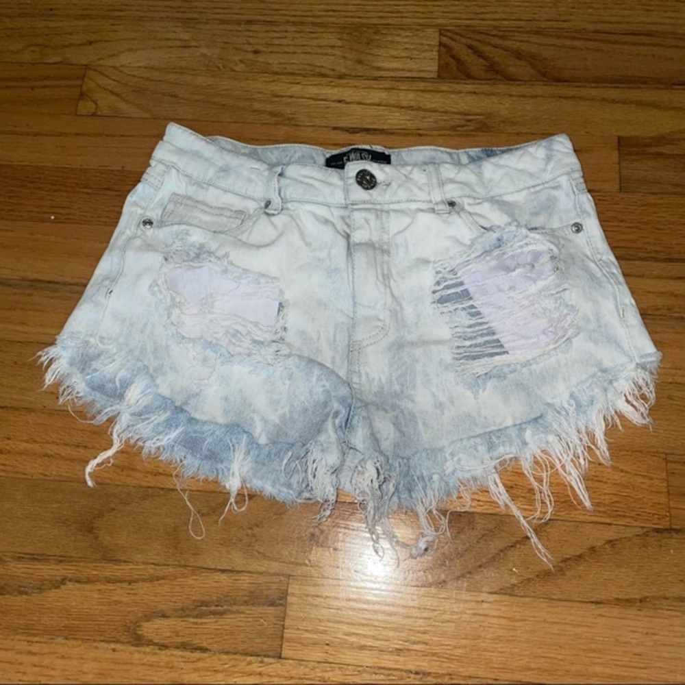 Light wash jean denim cutoff /Distressed Rewash Jean Shorts/frayed denim shorts